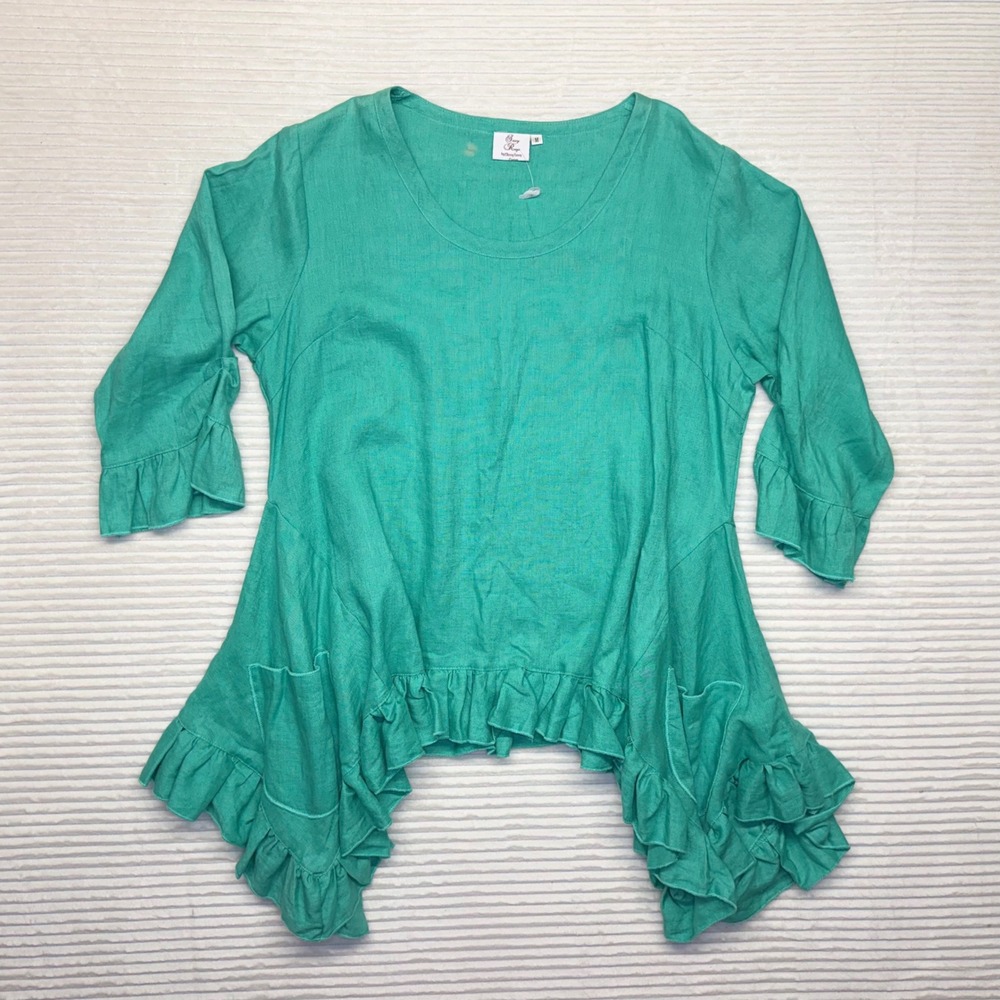 Sassy Rags by‎ Classy Sassy Couture M Linen Teal Green Ruffle Hem Boho Lagenlook